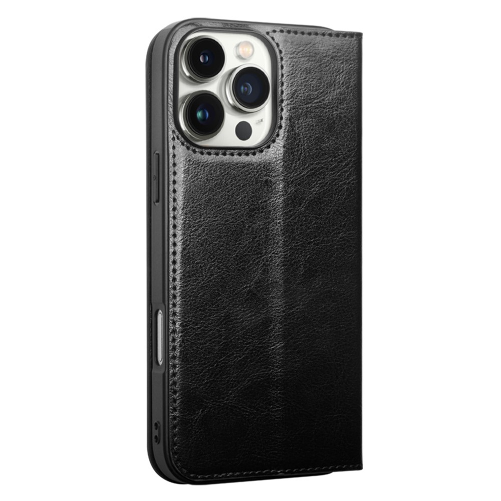 iPhone 16 Pro Echtleder Tasche Flip Wallet Cover mit Kartenfächer - Schwarz