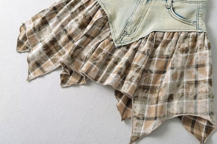 Firebird - Laag uitgesneden denim minirok met geruit paneel