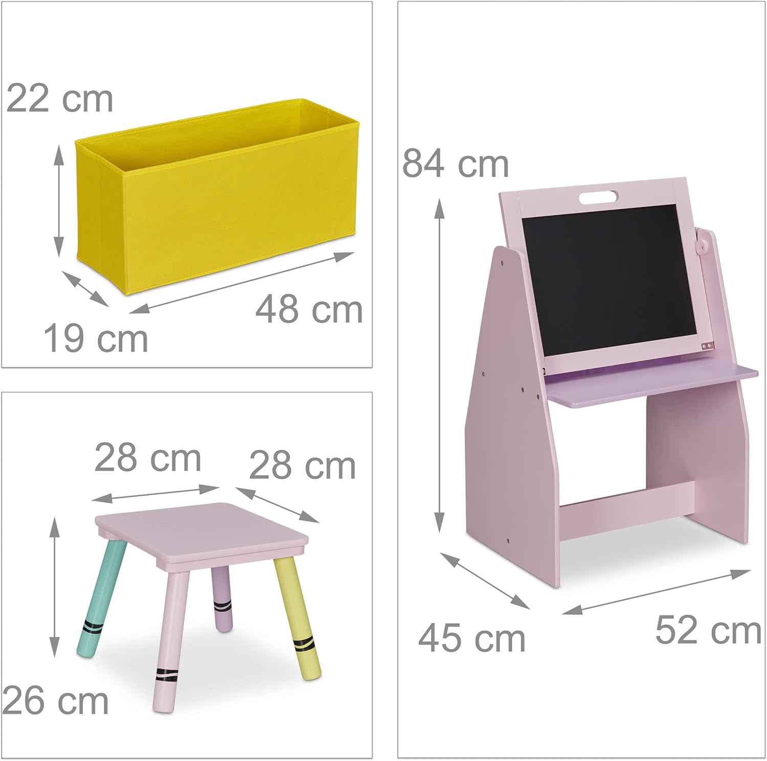 Relaxdays Kinderregal mit Tafel, Spielzeugregal mit 2 Fächern & Stoffbox, HBT: 84x52x45 cm, Spieltafel mit Hocker, rosa