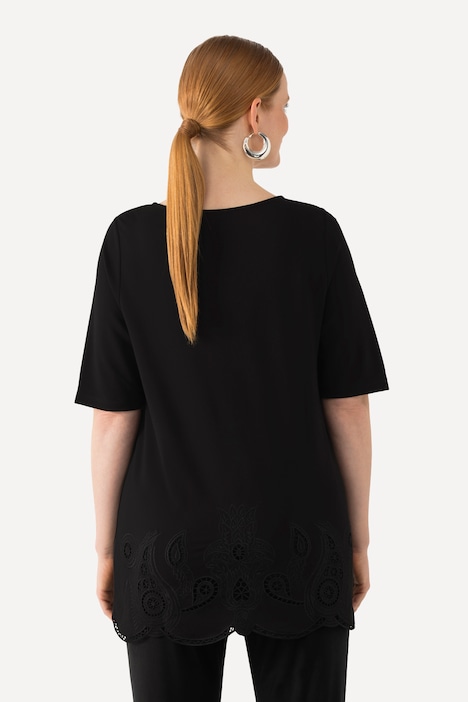 T-Shirt, Stickerei, Wellensaum, Rundhals, Halbarm