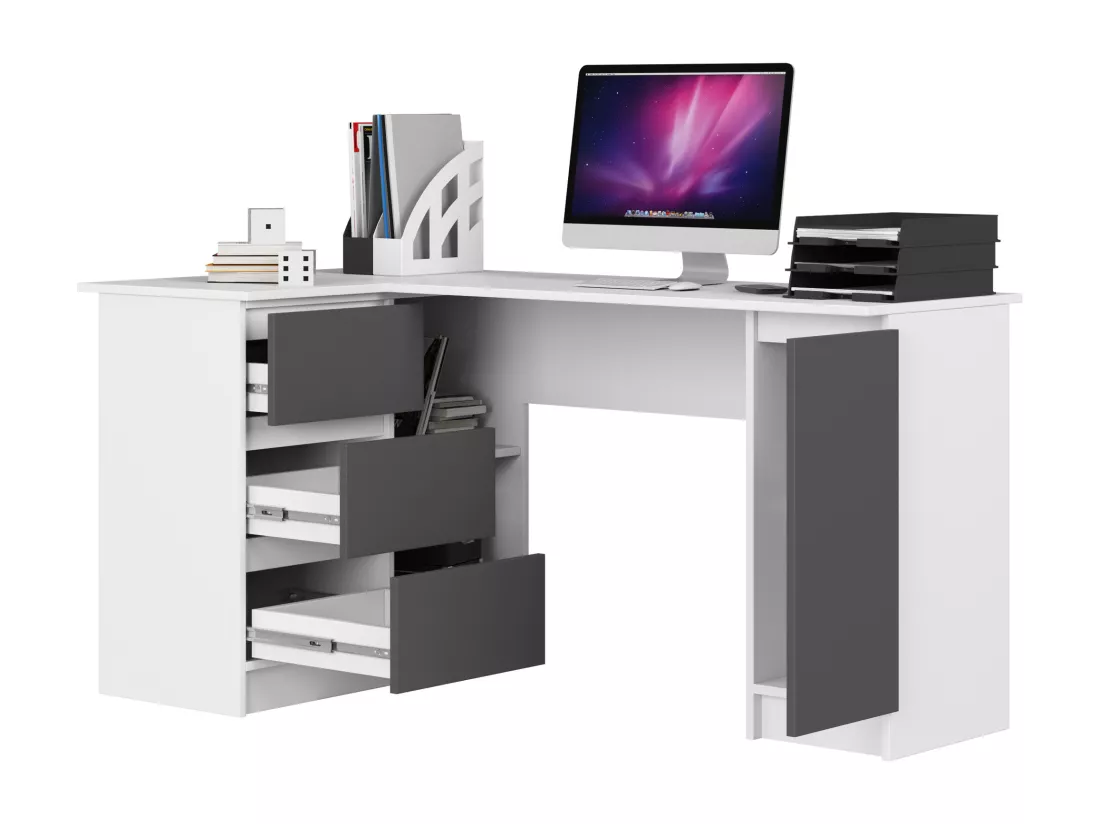 Bureau AKORD d'angle gauche B20 Blanc 155 cm 1 porte 3 tiroirs façade Gris Graphite 4 étagères 155x85x77 cm