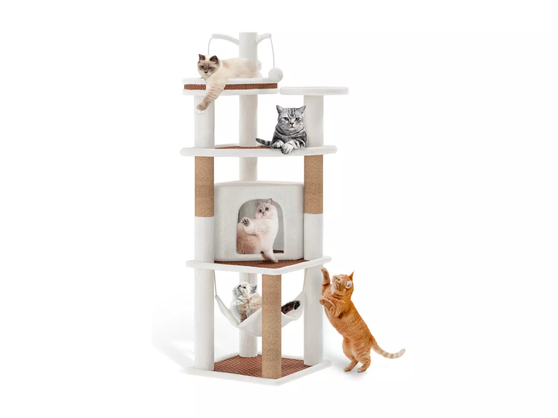 YITAHOME Arbre à Chat - 155 cm - Griffoir - à 4 niveaux - Tour d'escalade pour Chat d'Intérieur - Tissage en rotin - Blanc