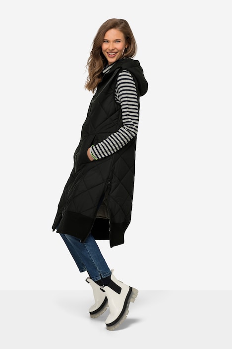Steppweste, lange Form, Kapuze, 2-Wege-Zipper, Rippsaum