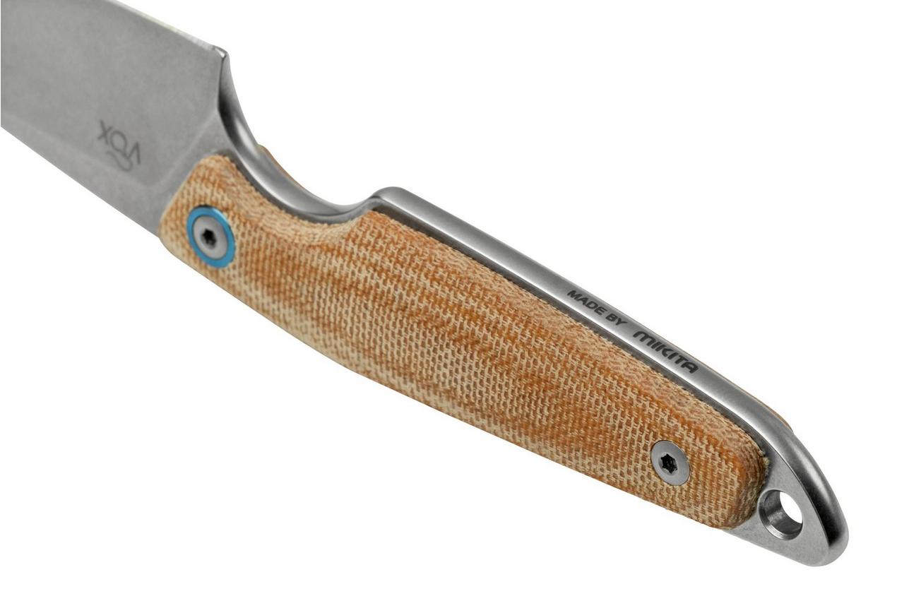 MKM Makro 1 Droppoint, Stonewashed Natural Canvas Micarta vaststaand mes, Jesper Voxnaes design
