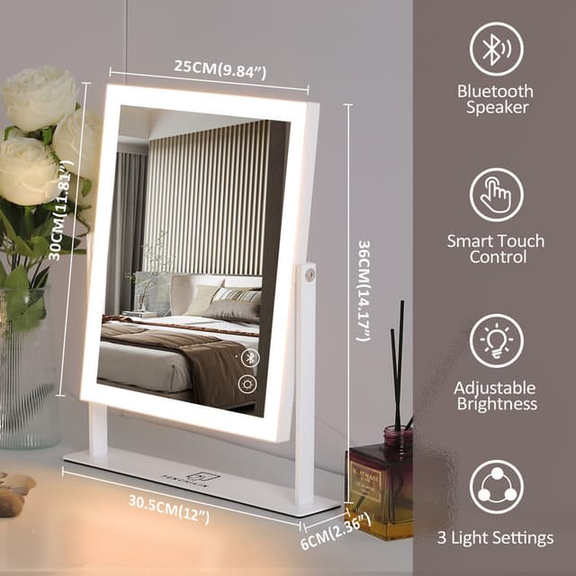 VANITII Makeup spejl med lys Bluetooth Metal Bordstående Hvid 25 x 30 cm