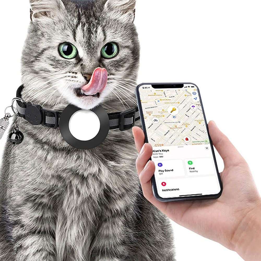 Katzen Halsband mit Apple AirTag Silikon Halterung   Reflektor / Glöckchen / Adressanhänger - Schwarz