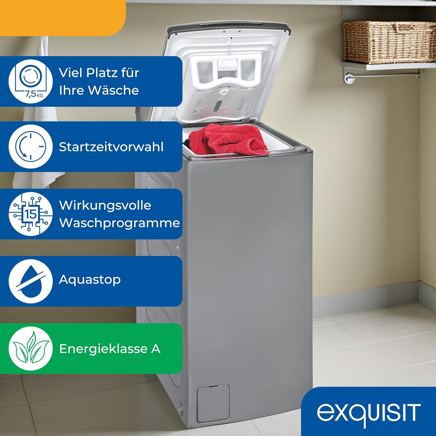 Exquisit Waschmaschine 7,5kg, Toplader, Waschmaschine schmal, Energieklasse A, 1200 U/Min, Startzeitvorwahl, Kurzprogramm, LTO51207-030A silber-dunkel
