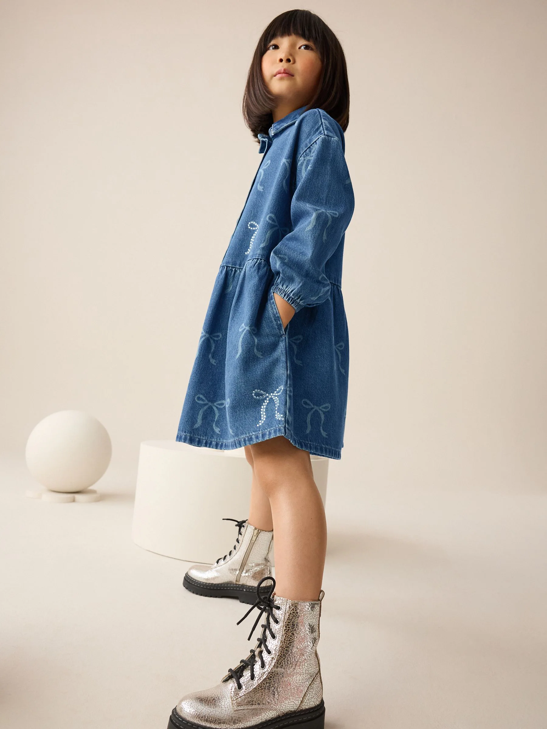 Blauwe denim - Strik Diamanté Overhemdjurk (3-16jr)