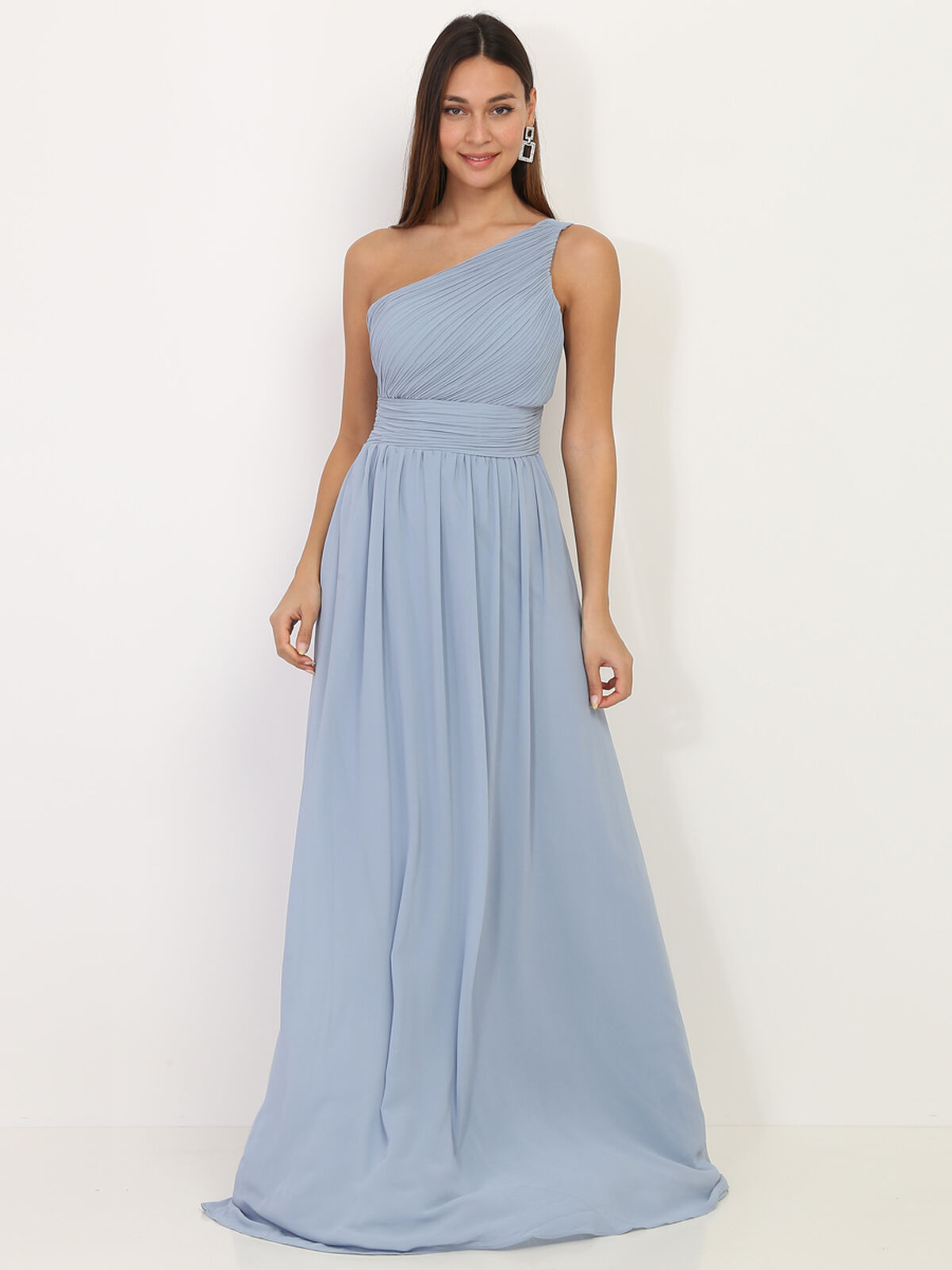 Robe longue drapée one shoulder- Bleu givré