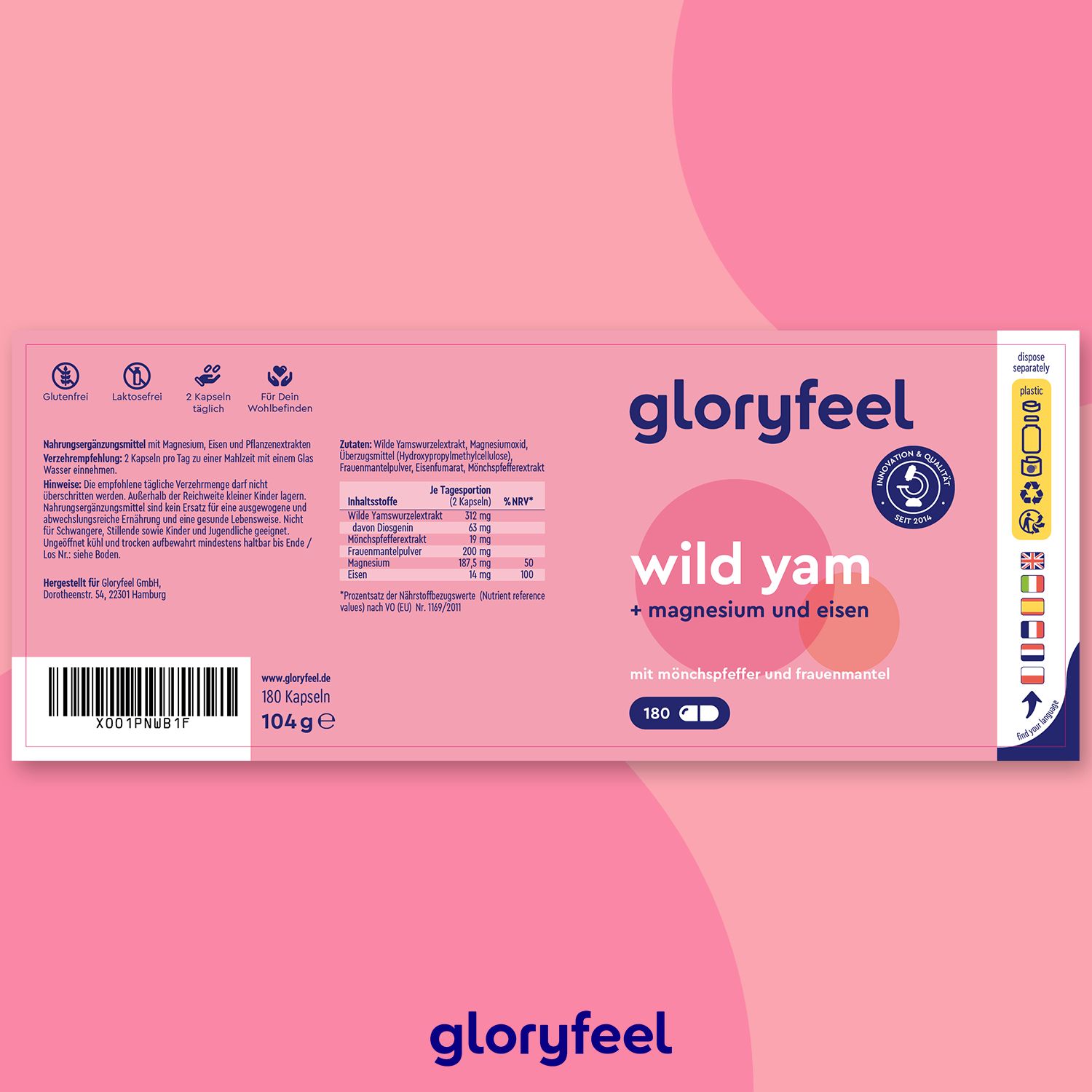 gloryfeel ® Wild Yam + Mönchspfeffer & Frauenmantel mit Magnesium & Eisen Kapseln