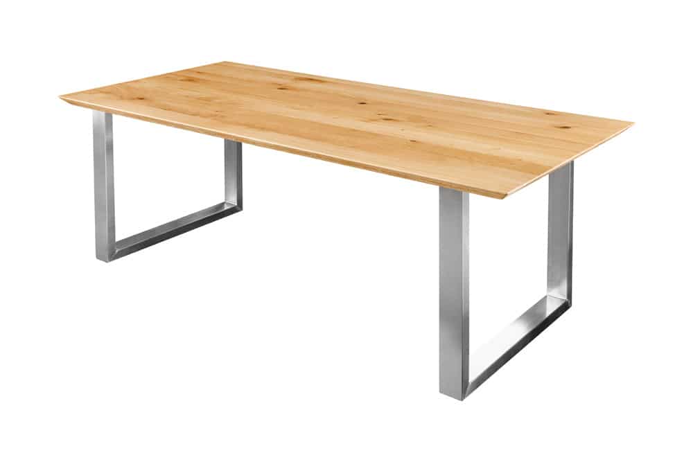 Massivholz Esstisch WILD OAK 160cm natur Wildeiche Schweizer Kante Edelstahl U-Gestell