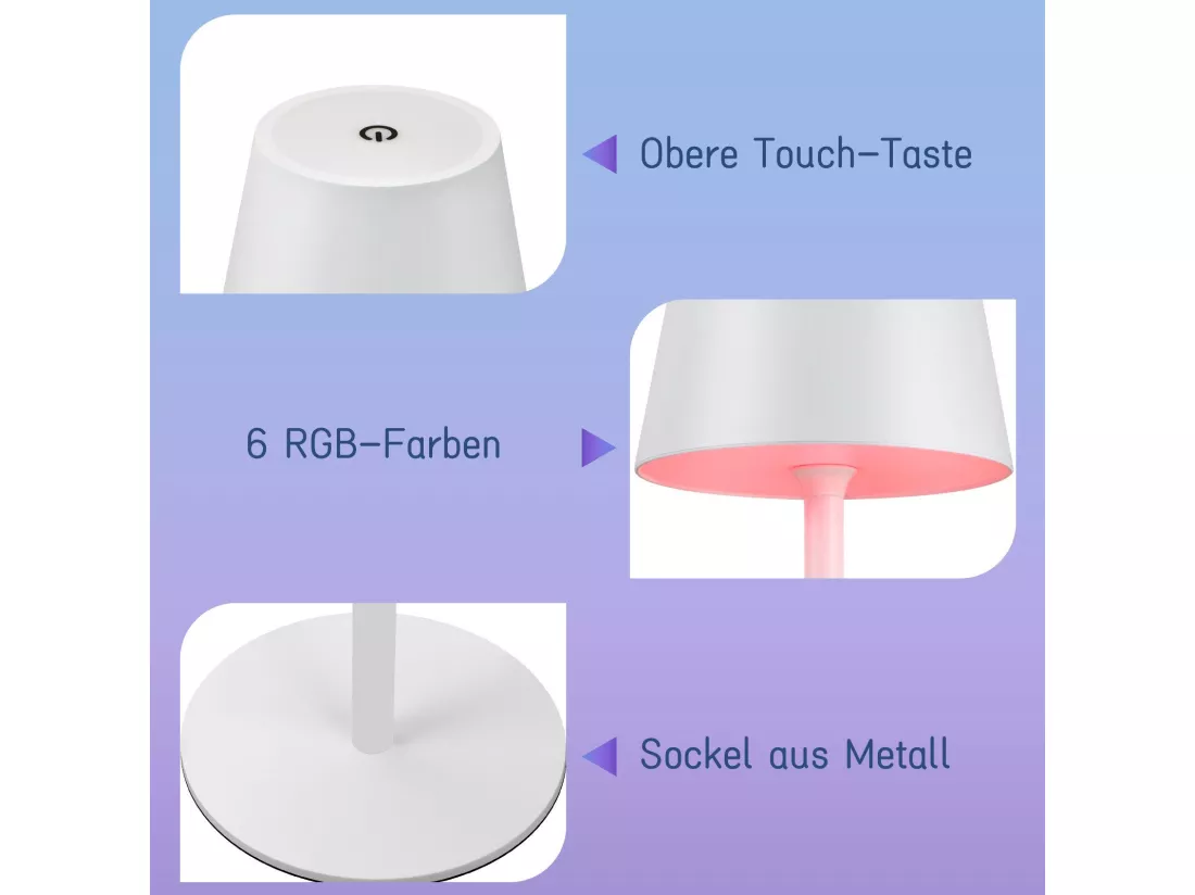 NETTLIFE Lampe de Chevet à Batterie sans Fil - LED RGB 2600mhA Lampe de Table d'extérieur Rechargeable Tactile Dimmable Blanc Lampe à Batterie USB