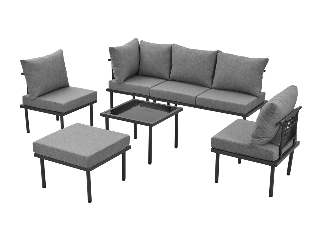 Ensemble de 6 meubles de jardin en corde dessus de table en verre avec assise et coussins gris