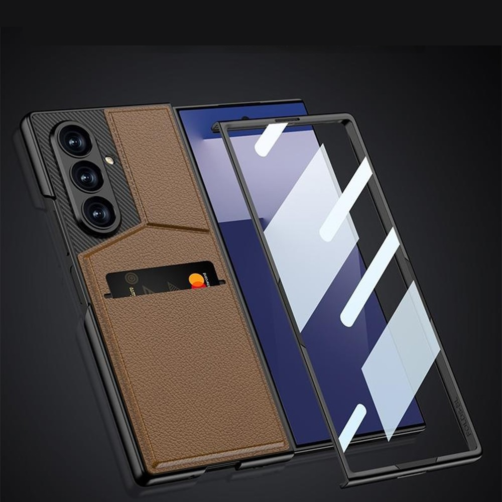 Samsung Galaxy Z Fold7 Hardcase Hülle mit Kartenfach   Leder Kickstand Aufsteller im Litchi Look - Schwarz