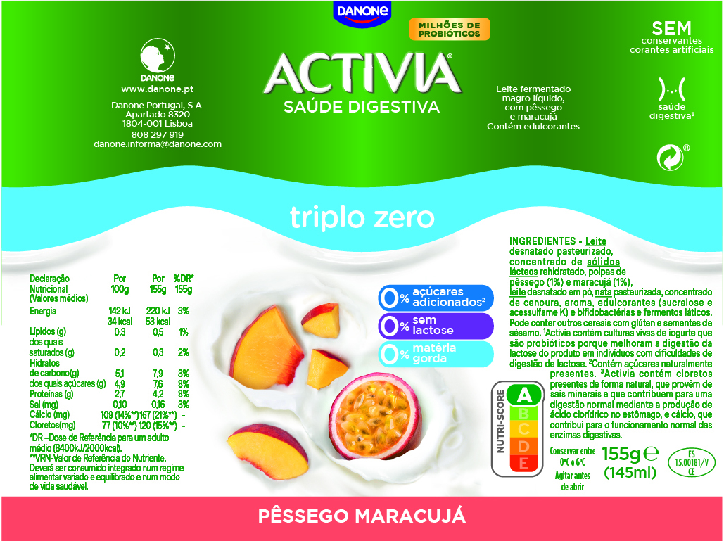 BIFIDUS DANONE ACTIVIA LÍQUIDO PÊSSEGO E MARACUJÁ 0% 4X155G