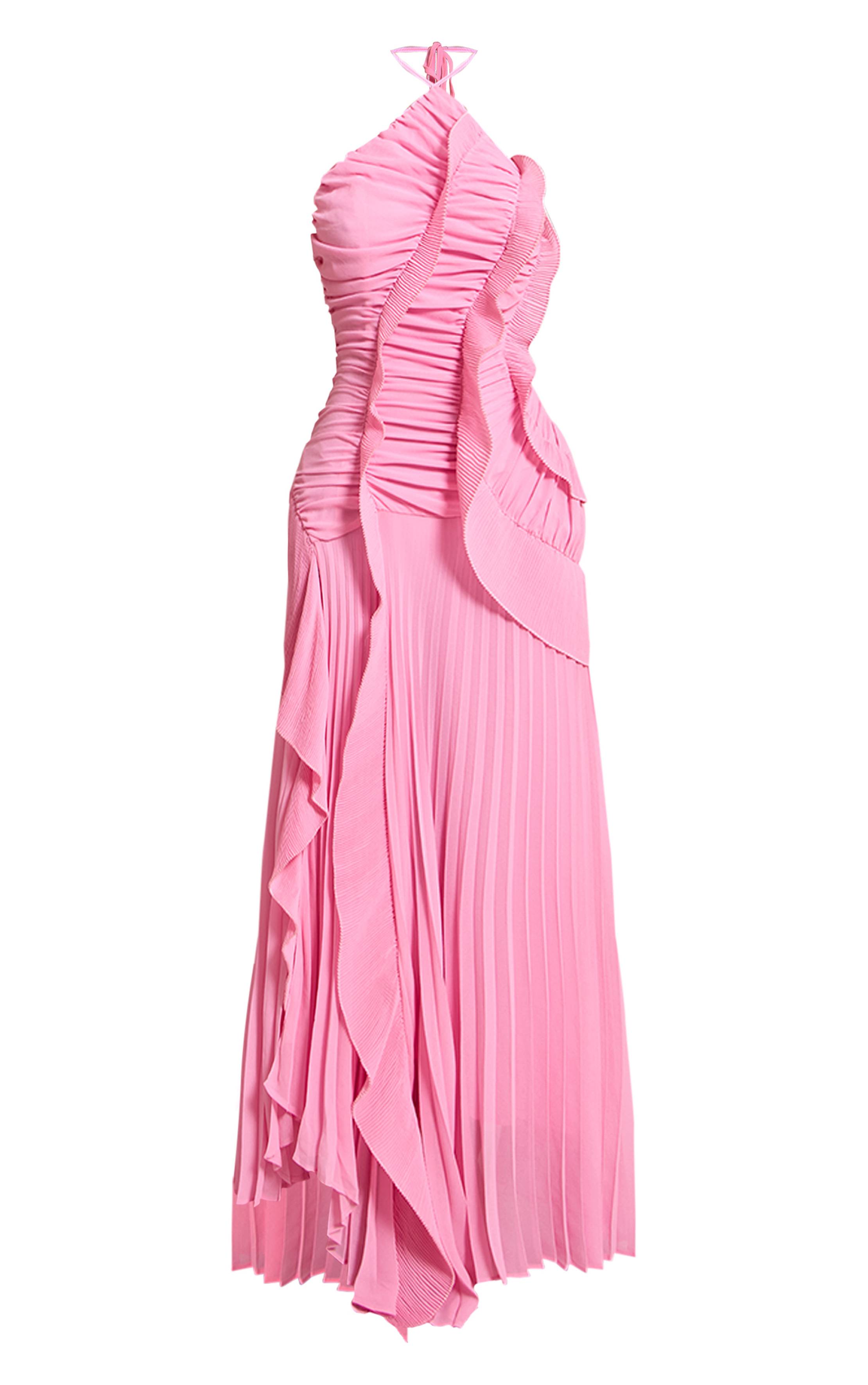 Rose Robe Longue Plissée À Col Licou Avec Détails À Volants Petite Taille
