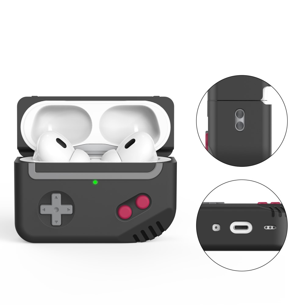 AirPods Pro 2 / AirPods Pro Gummi Schutzhülle Retro Spielekonsole Abdeckung mit Schlüsselring - Schwarz