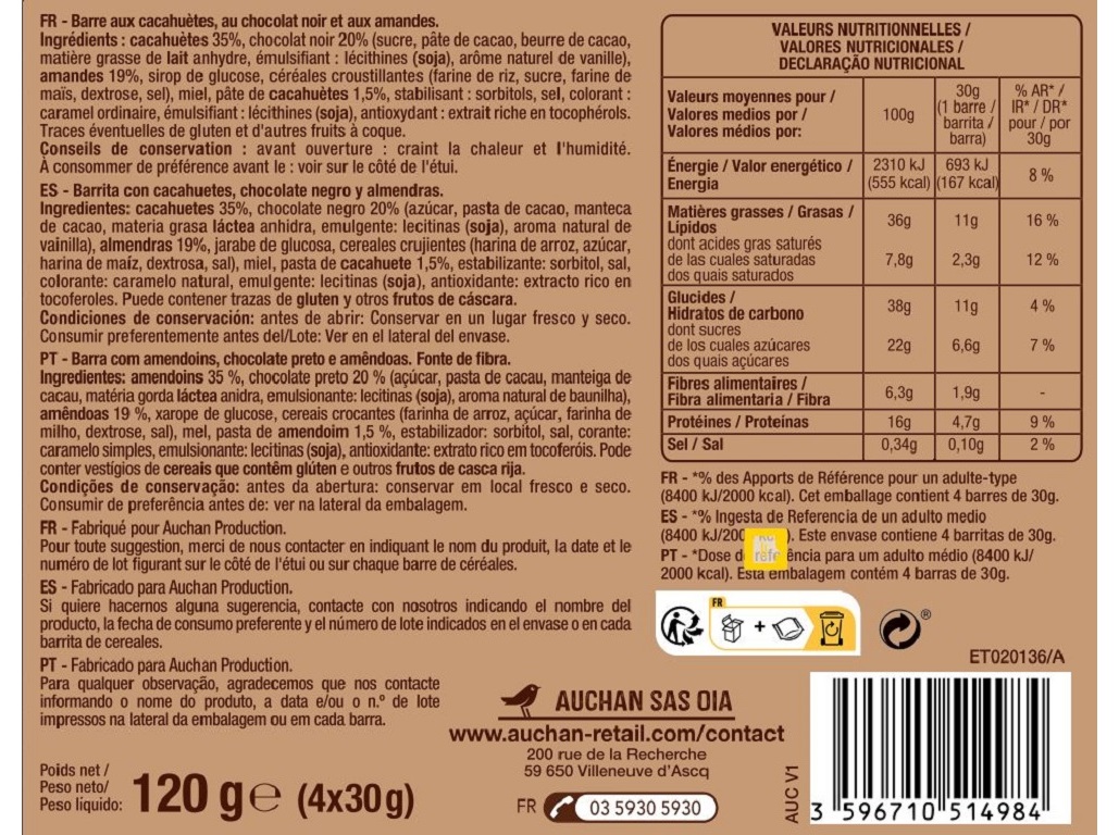 BARRAS CEREAIS AUCHAN AMENDOIM CHOCOLATE 4 UN 120G