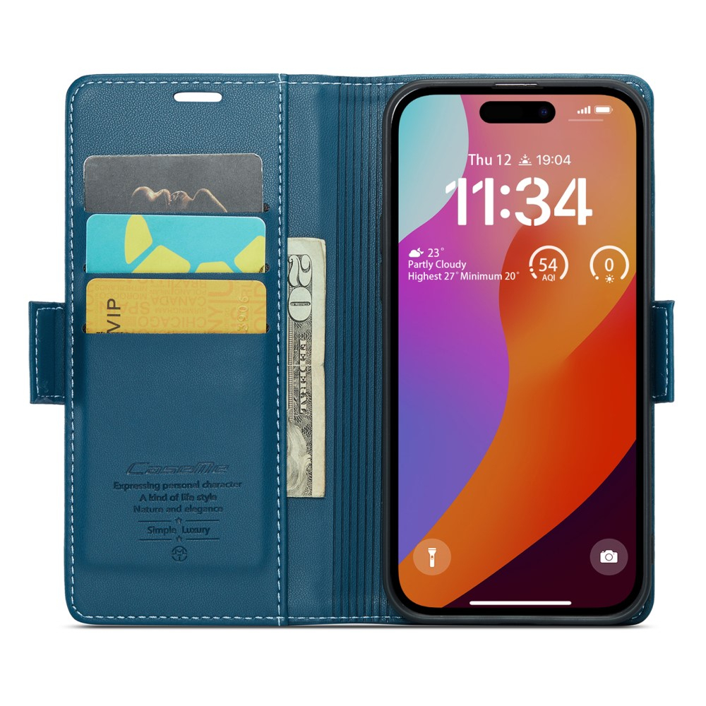 iPhone 16 Pro Leder Tasche Flip Wallet Etui mit Kartenfächern Litchi Look (RFID Schutz) - Blaugrün