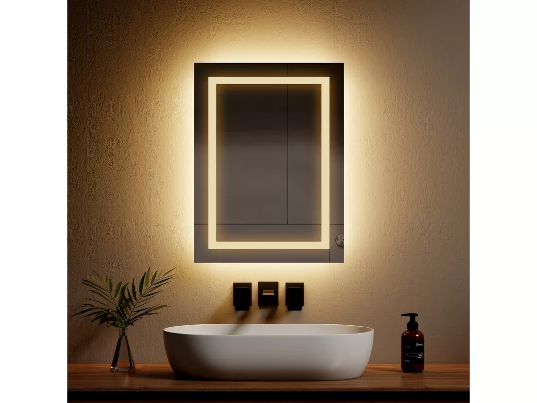 EMKE Miroir lumineux salle de bain 60x40cm, Miroir LED avec Interrupteur à bouton, Anti-buée, Miroir avec éclairage lumière Blanche Froide/Chaude