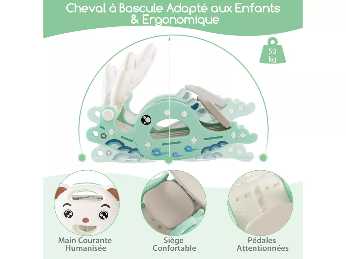 4 en 1 Toboggan Enfants avec 3 Modes & Motif d'ours, Cheval à Bascule Intérieur Extérieur avec Panier de Basketball & Ballon, Charge 50kg pour Enfants de 1-4 Ans, 93x65x46,5cm (Vert)