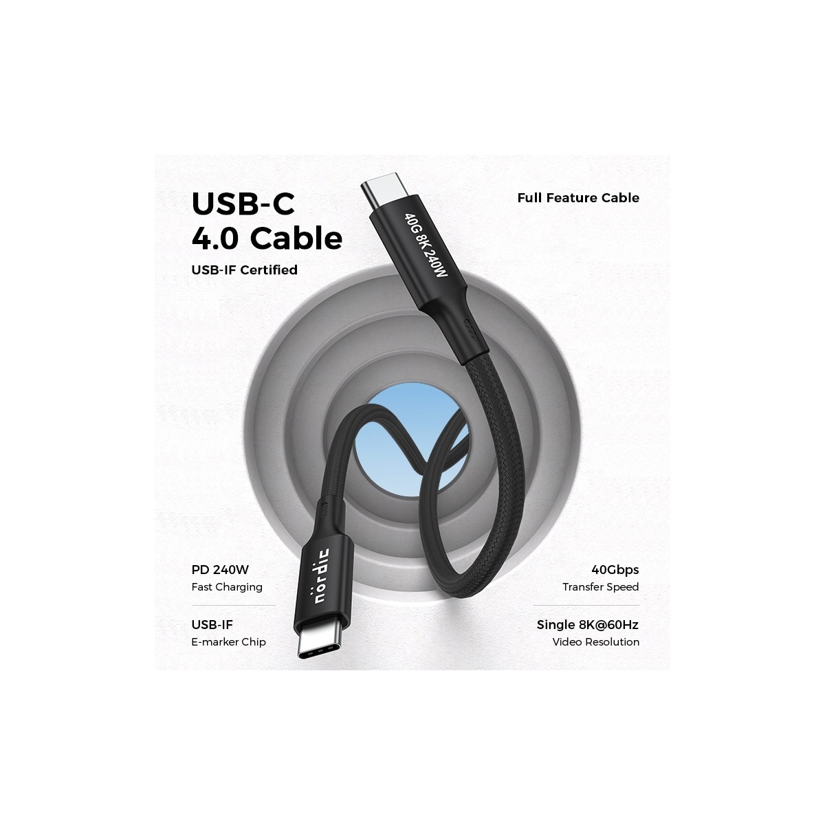NÖRDIC 1m USB4 USB-C til C nylonflettet kabel PD3.1 240W 40G 8K60Hz 4K144Hz svart