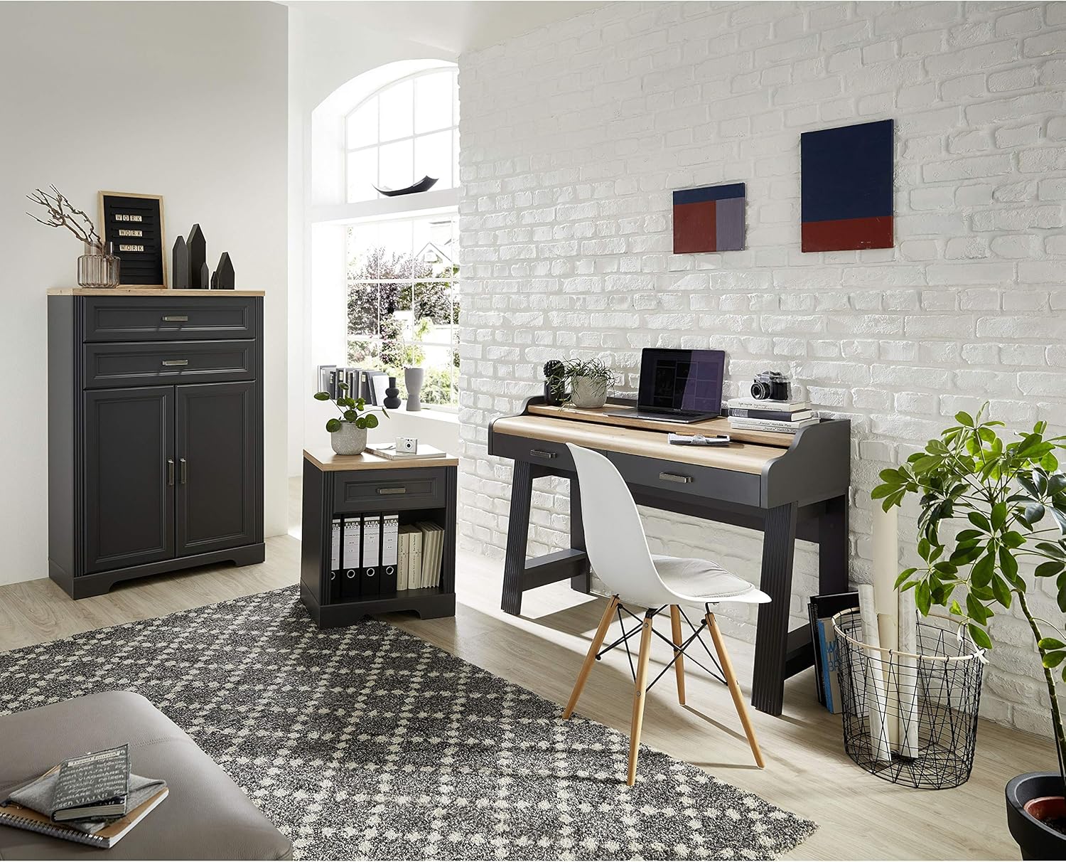 Stella Trading JASMIN Sekretär Schreibtisch in Graphit, Artisan Eiche Optik - Bürotisch mit Schubladen und ausziehbarer Tischplatte - Landhausstil Büromöbel Komplettset - 120 x 84 x 53 cm (B/H/T)