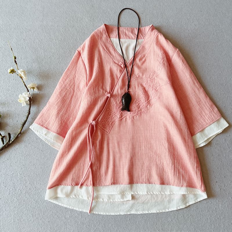 CosmoCorner - Effen Hanfu-blouse met 3/4 mouwen en V-hals