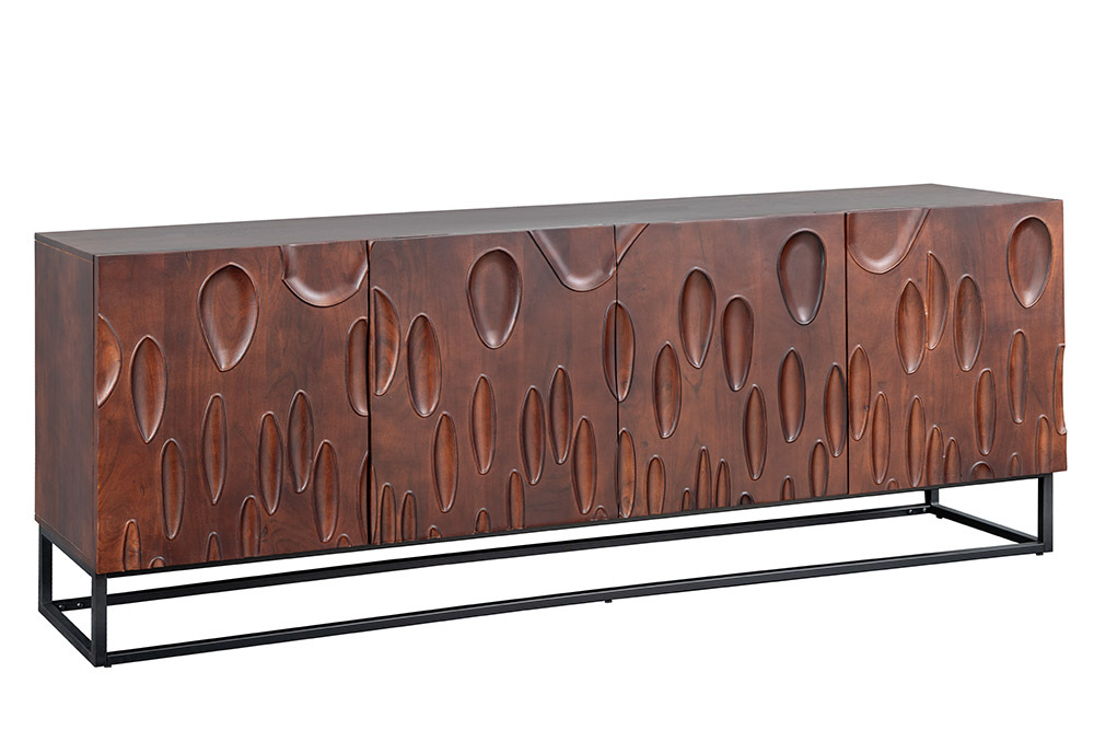 Massives Sideboard DUNE 175cm walnuss-braun Akazienholz 3D-Design schwarz Metall
