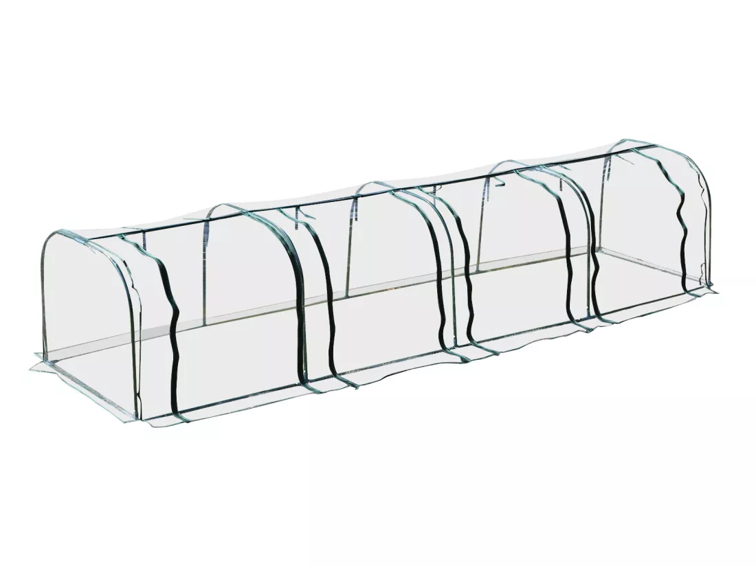 Serre de jardin tunnel 3,95L x 1l x 0,8H m 4 portes zippées bâche PVC transparent acier thermolaqué vert