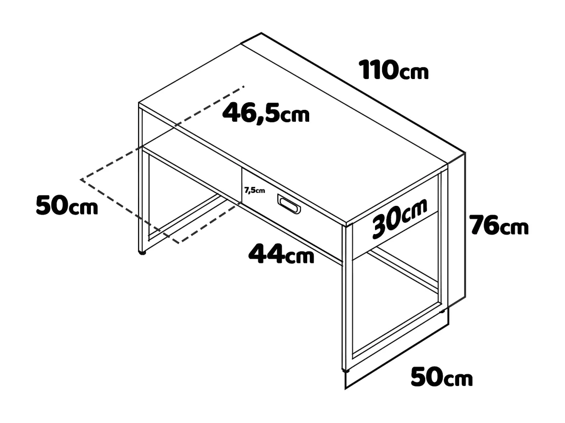 Otari - Bureau de style industriel avec tiroir et étagère de rangements, 110x50xH76 cm