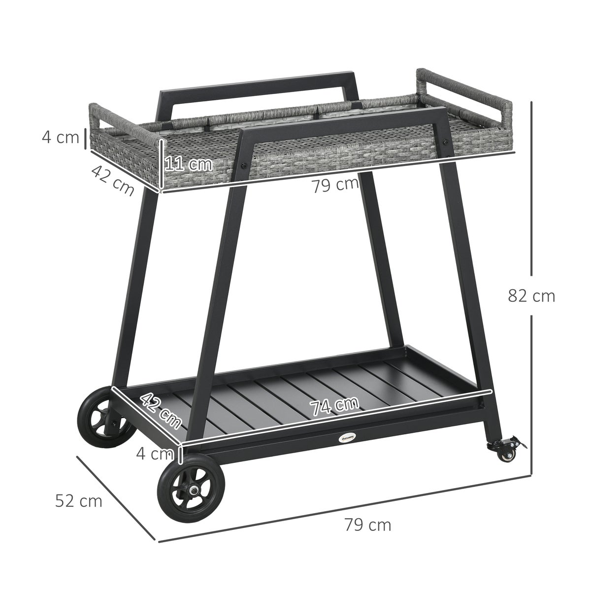 Outsunny Rattan Serveerwagen met Plank, Tuintrolley met Handgrepen, 79L x 52B x 82H cm, Staal, Grijs