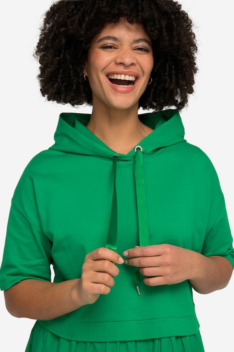 Kleid, oversized, Materialmix, Kapuze, Halbarm