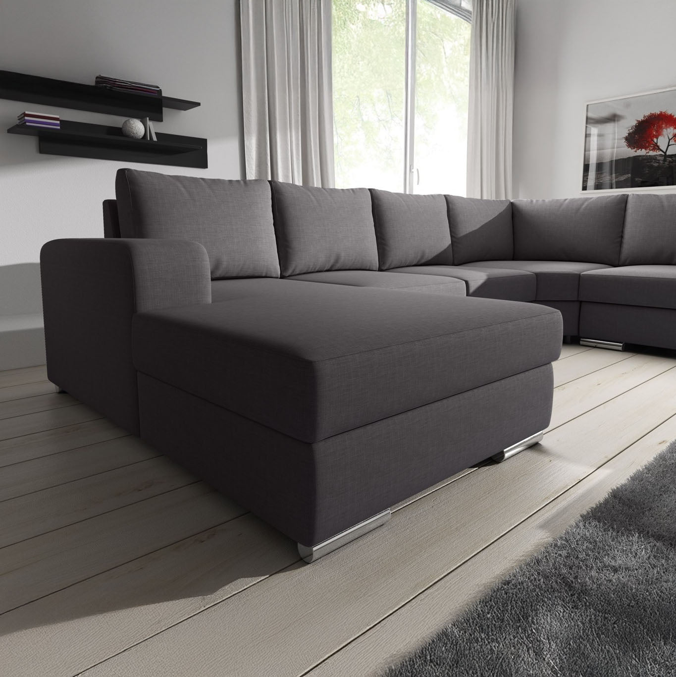Adel - Hoekbank 5-zits met chaise longue - Stof donkergrijs - Links