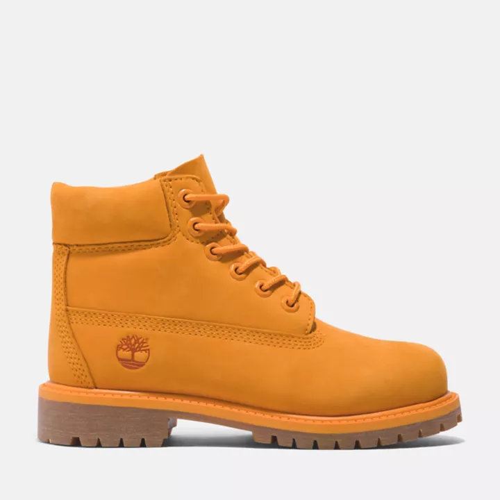 Bota Timberland Premium de 6 polegadas impermeável, edição especial 50, para crianças, na cor laranja.