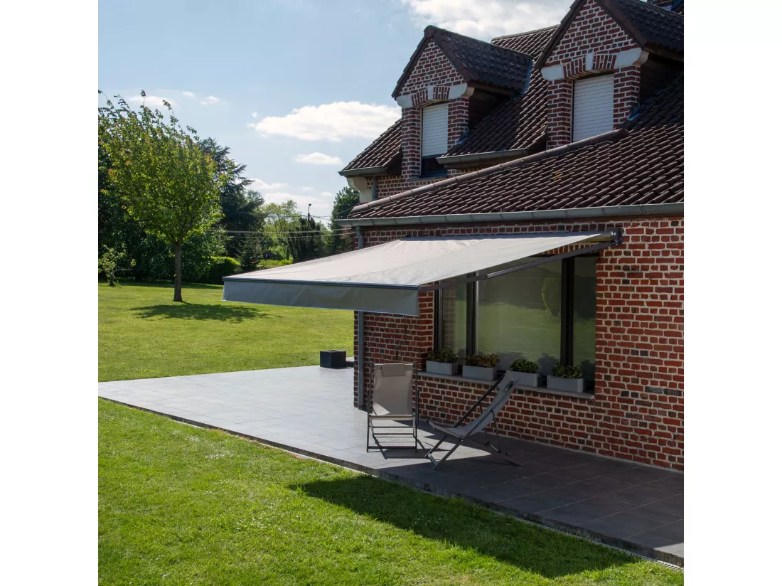 Store banne SAULE 3,5 × 3m - Toile grise et structure grise - HAPPY GARDEN