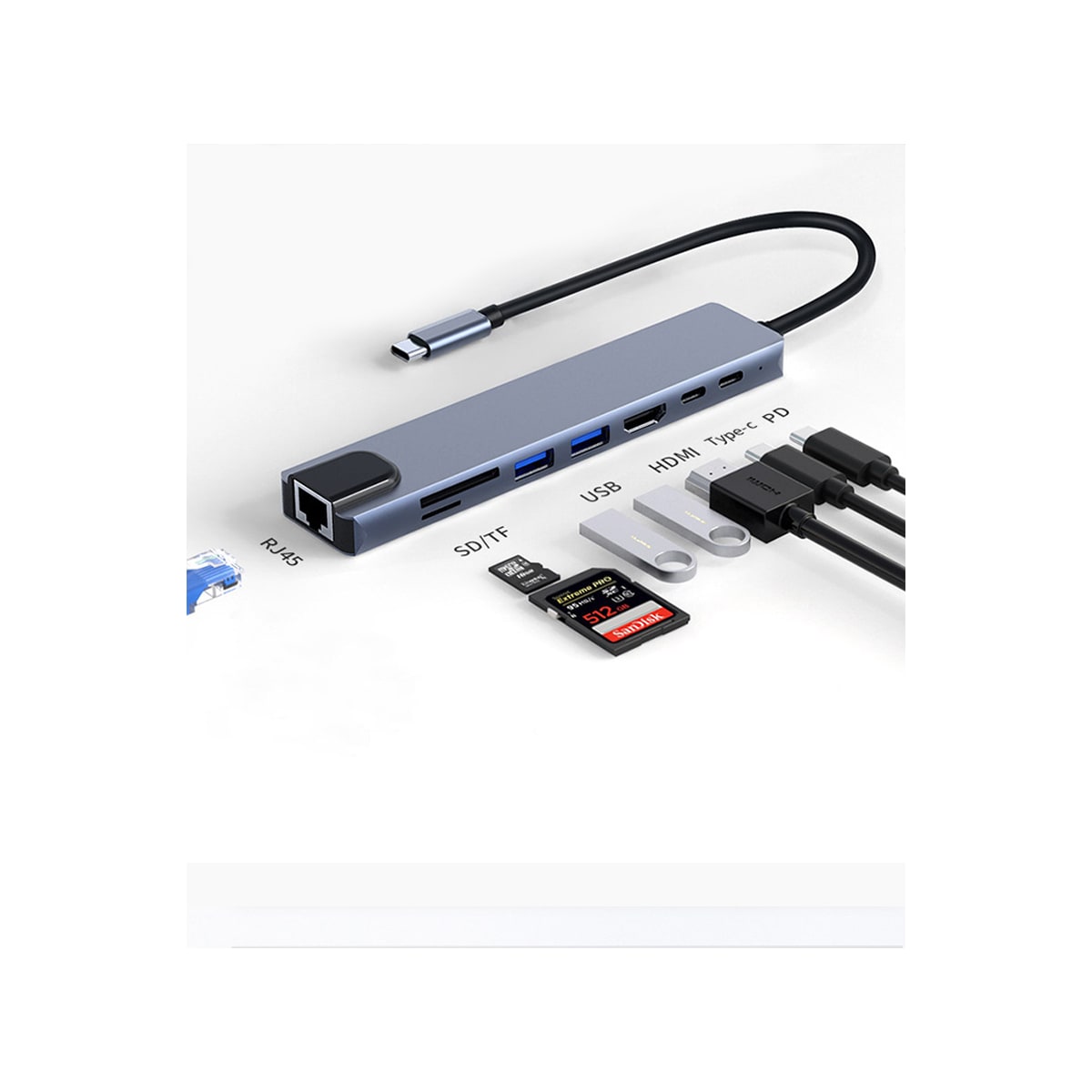 USB-C-hub med 8 uttak for USB, UBC PD, HDMI, RJ45, micro-SD Grå