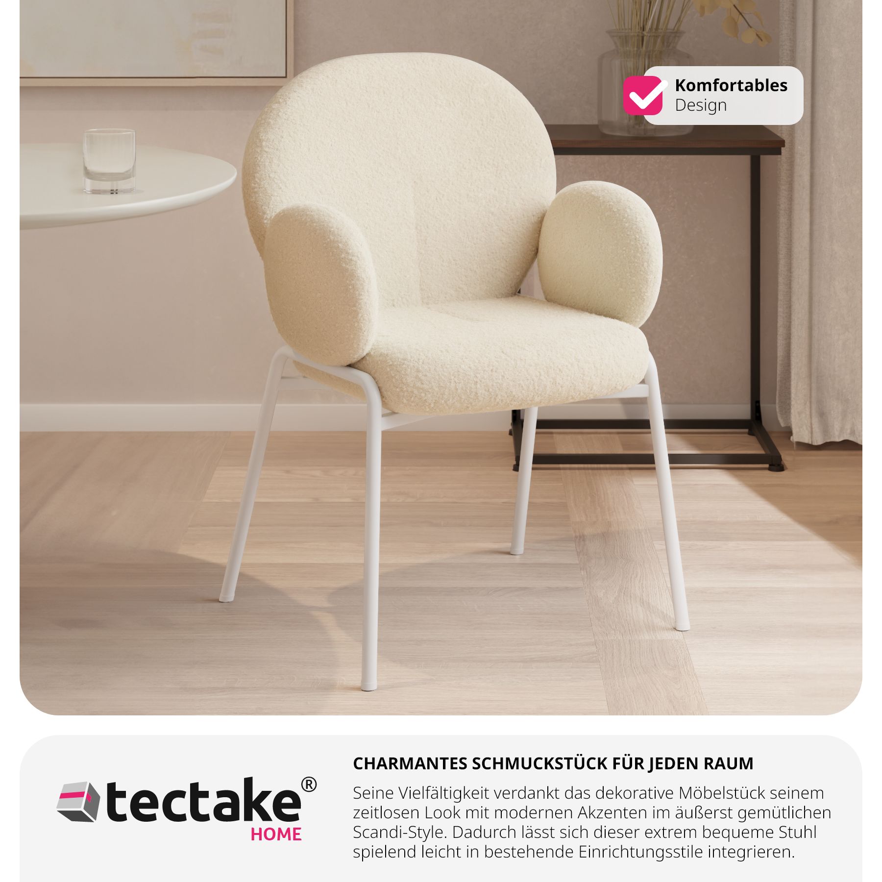 tectake® Stuhl, gepolstert mit Bouclé-Bezug, runde Stahlbeine, Belastbarkeit 120 kg, 61,5 x 62 x 90 cm