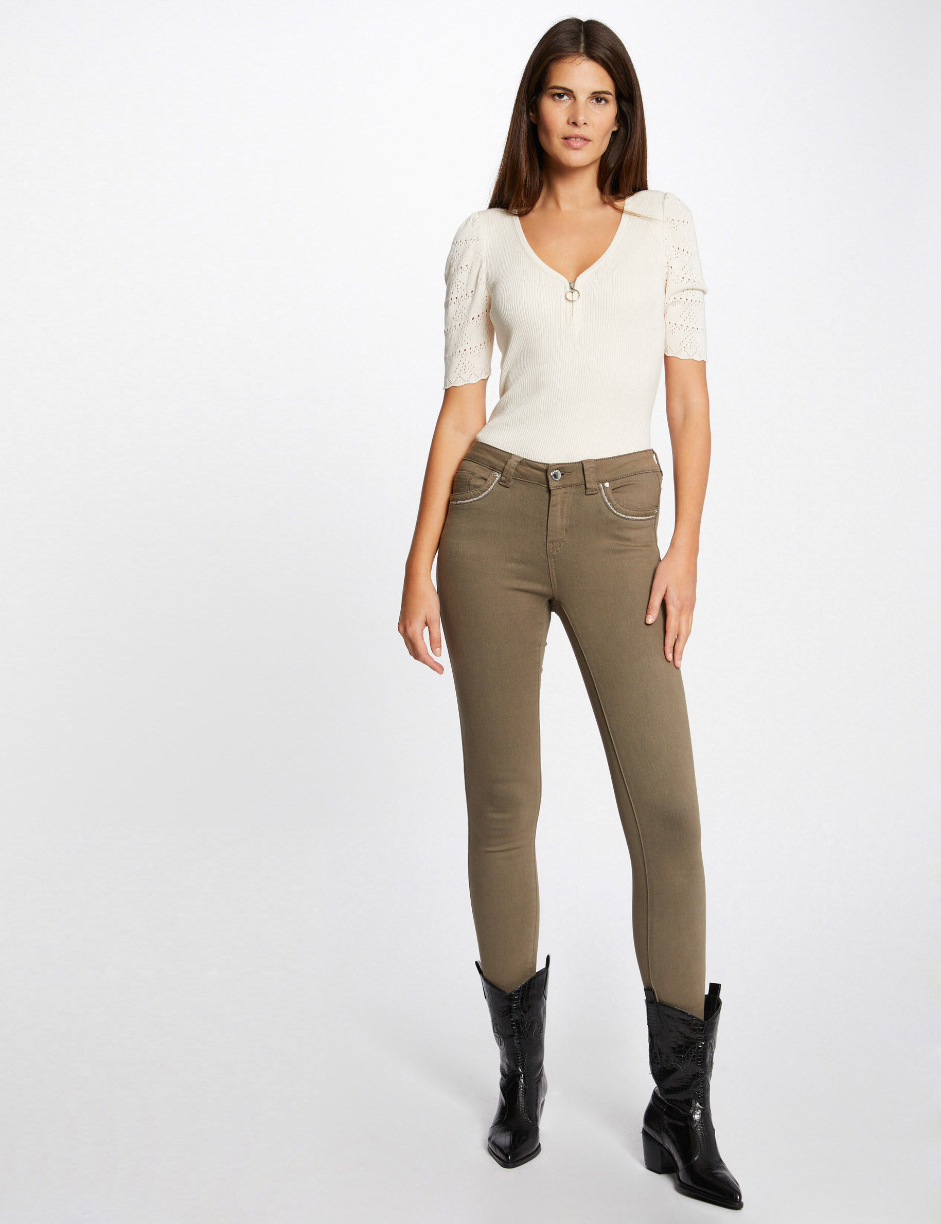 Pantalon slim avec détails bijoux vert kaki femme - vert_kaki