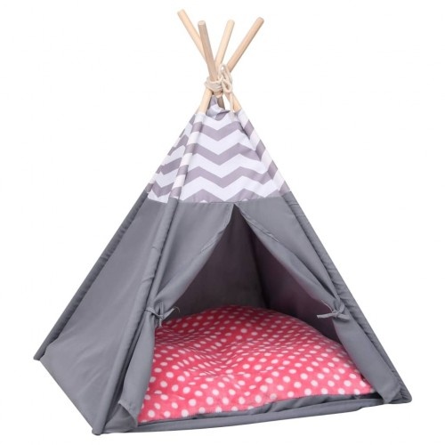 Tenda de descanso para gatos nas cores branca, cinza e rosa.