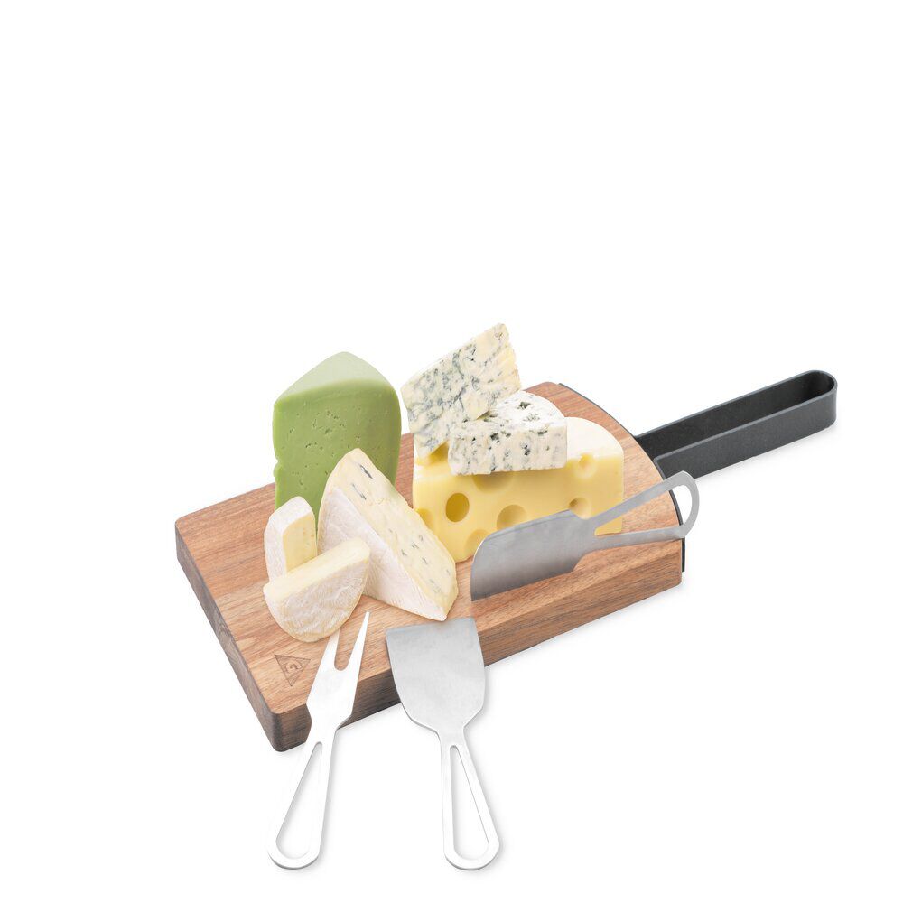 Plateau à fromage en bois avec 3 ustensiles inox 16x39cm
