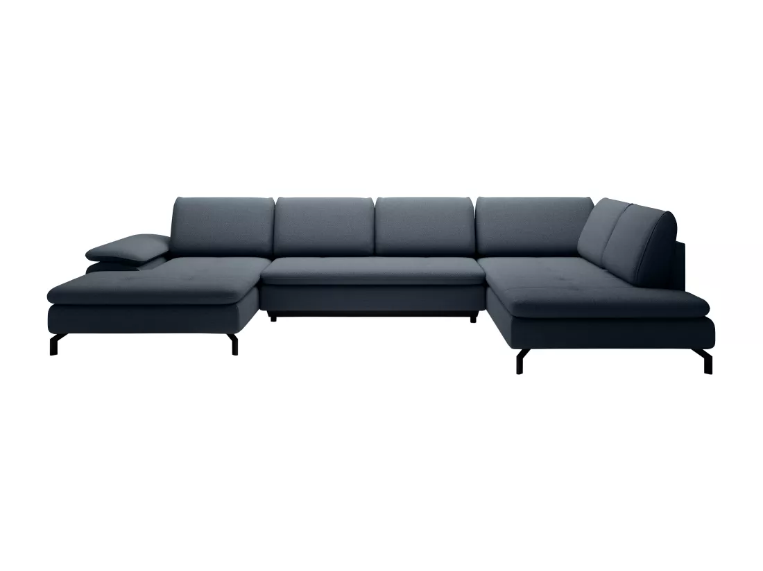 Grand canapé d'angle droit panoramique convertible en tissu texturé bleu ARCHIBALD