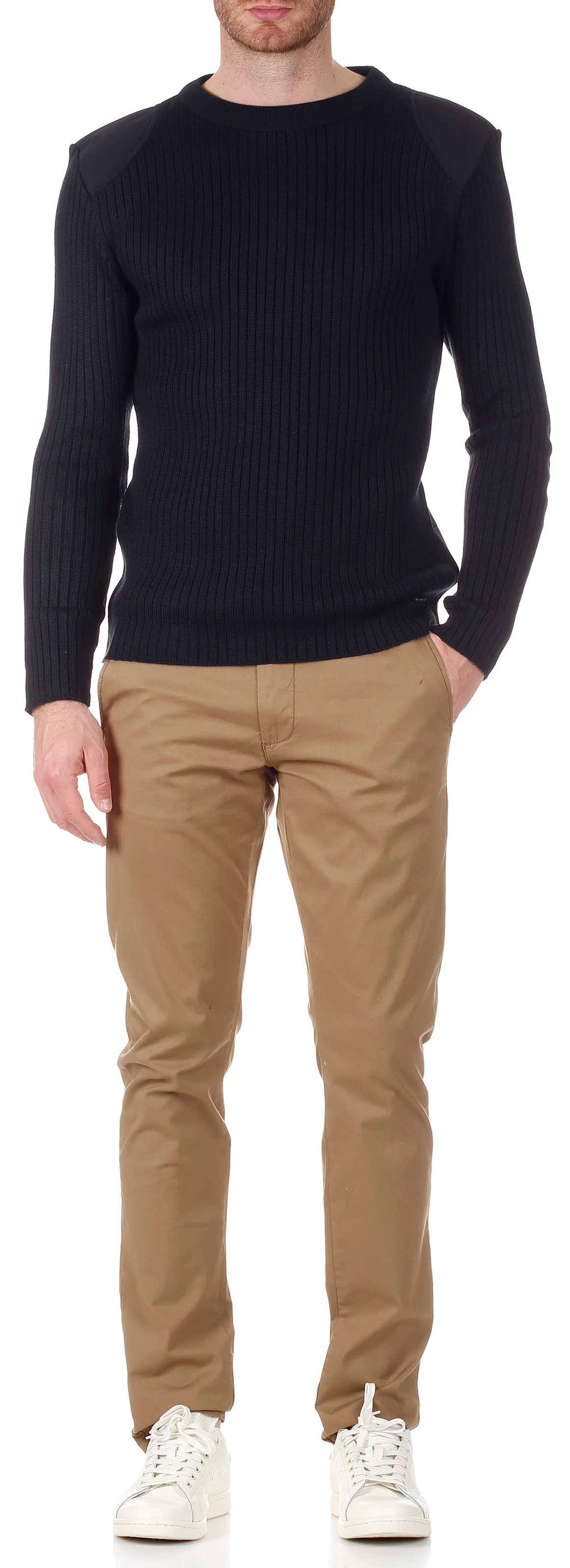 Pull col rond à empiècements épaules en laine mélangée | Bleu