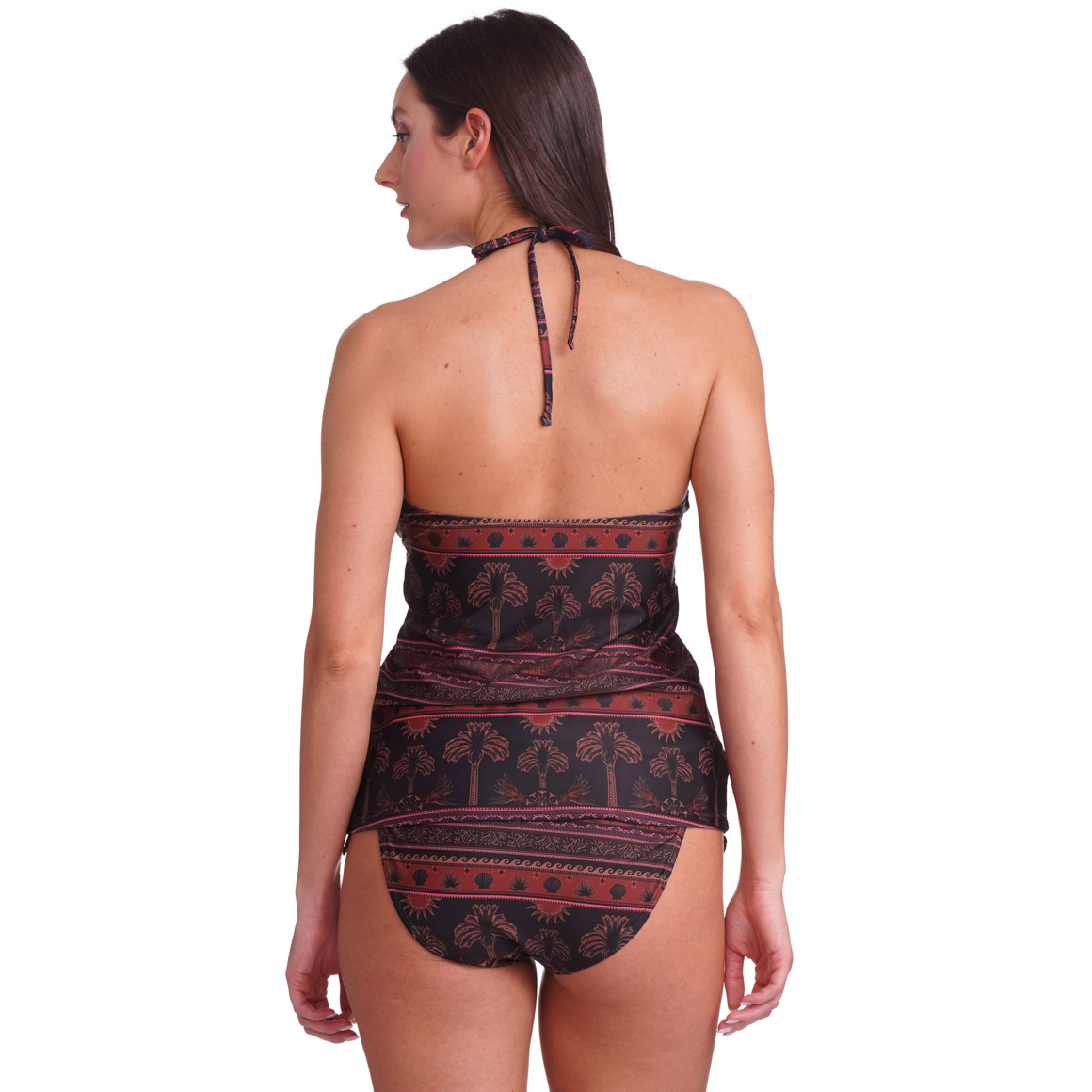 Gina Benotti Damen Tankinioberteil mit Palmen allover schwarz / dunkelrot / pink