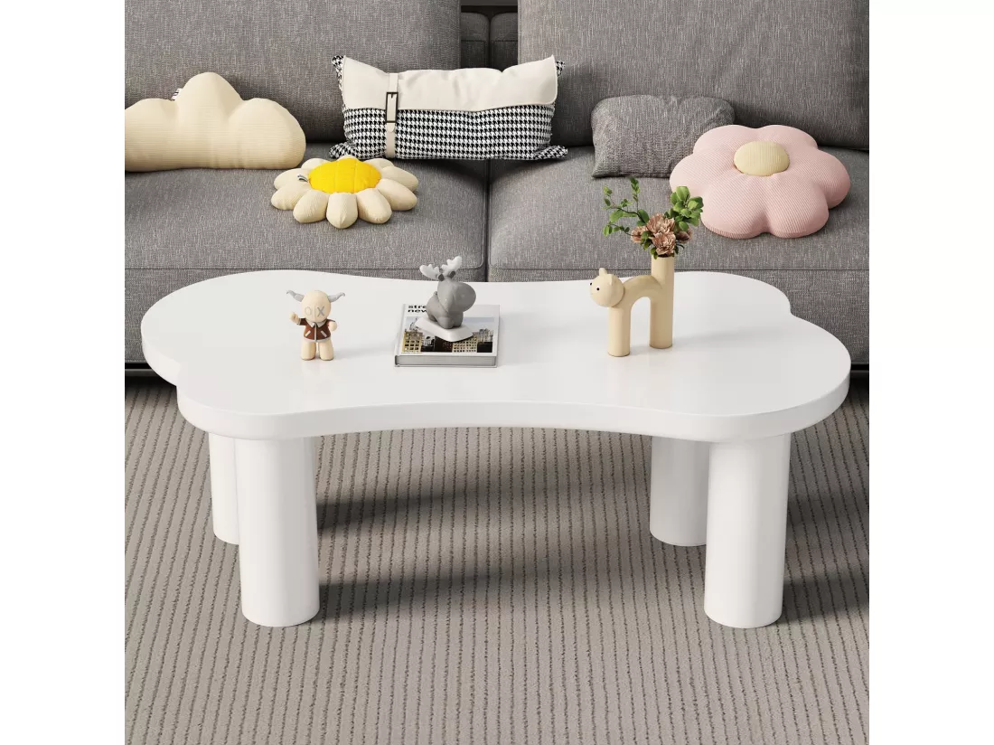 Table basse asymétrique avec 2 tabourets - en MDF + pieds en PVC - 113x58x40.5cm - Blanc
