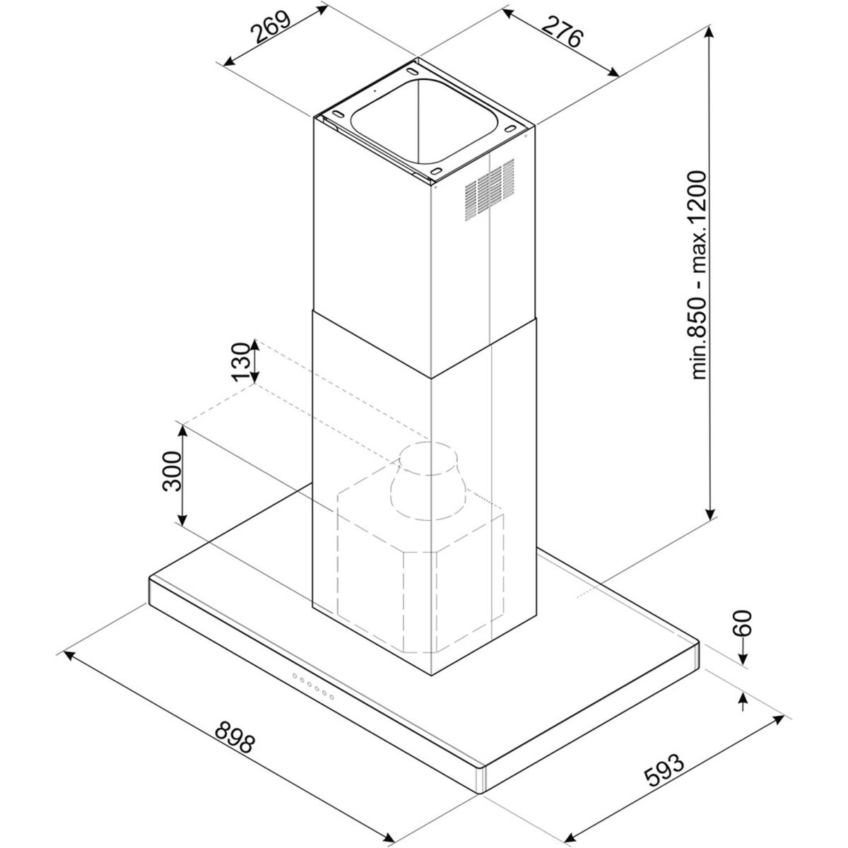 KBTI9L4VN fritthengende ventilator 90 cm, rustfritt stål/glas