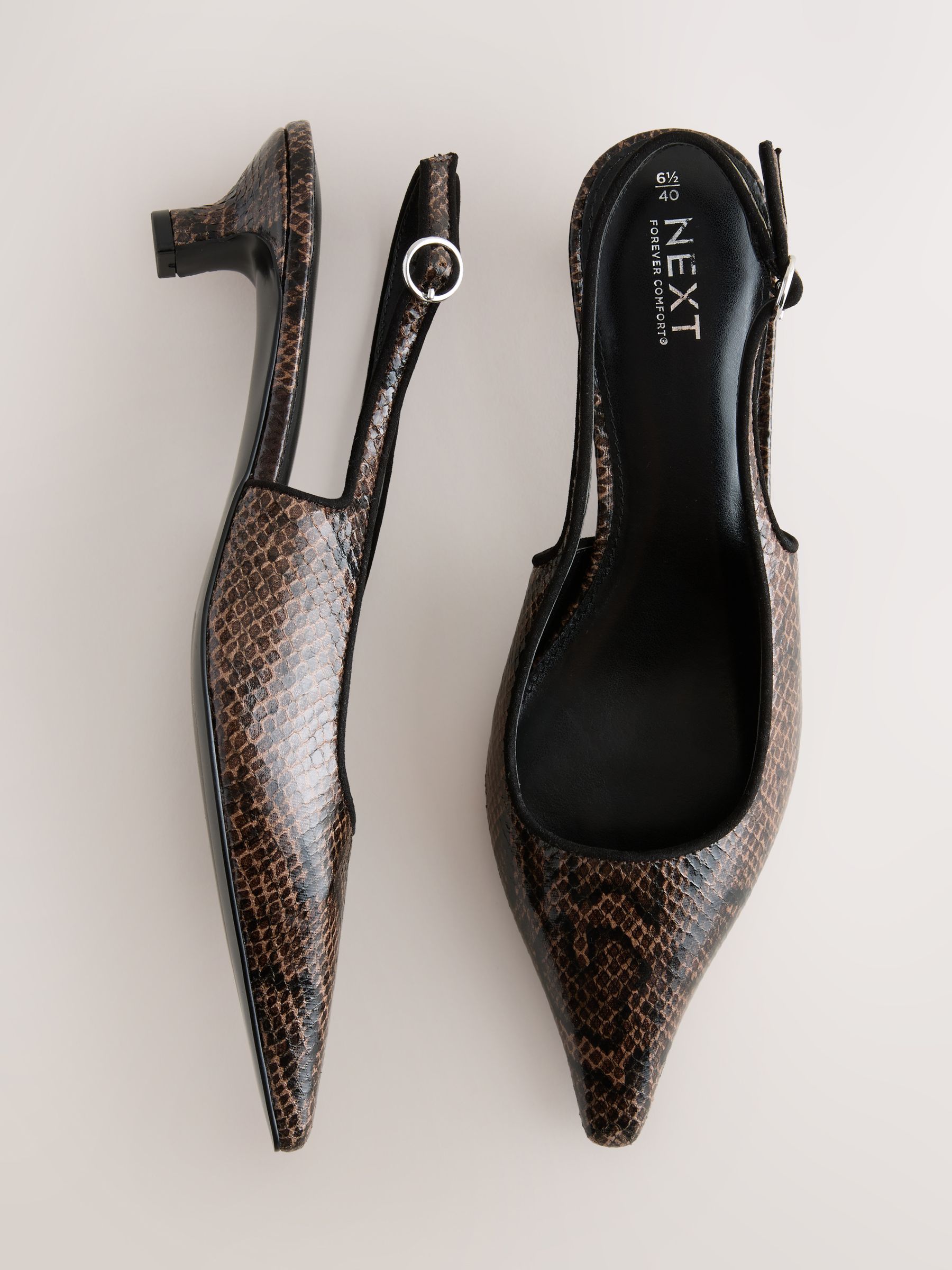 Chocoladebruin Slang - Point Toe Low Slingback Kitten Heels