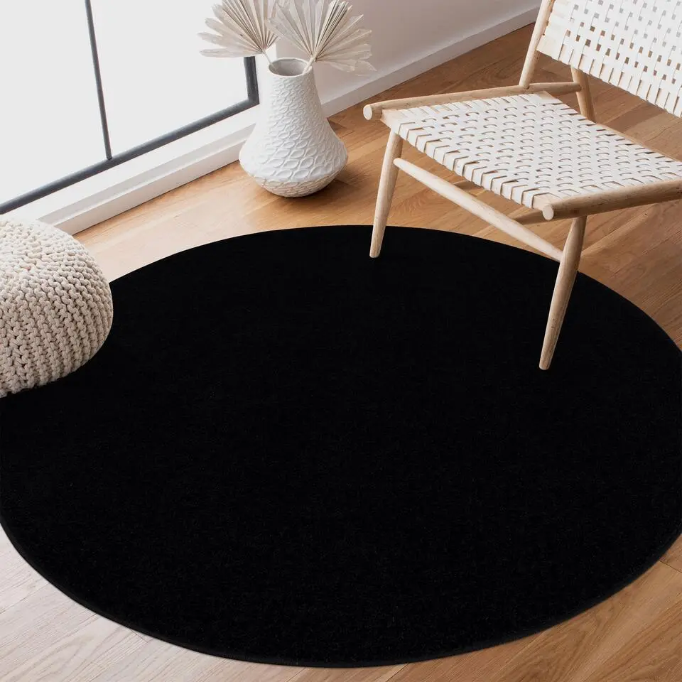 Uni Rond Effen Laagpolig Vloerkleed Modern Zwart - 120 CM ROND