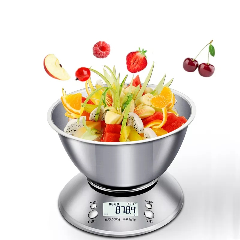(2-tlg. Set) Professionelle Digital Edelstahl Küchenwaage   Abnehmbare 1.4L Schüssel (Batteriebetrieben) - Silber