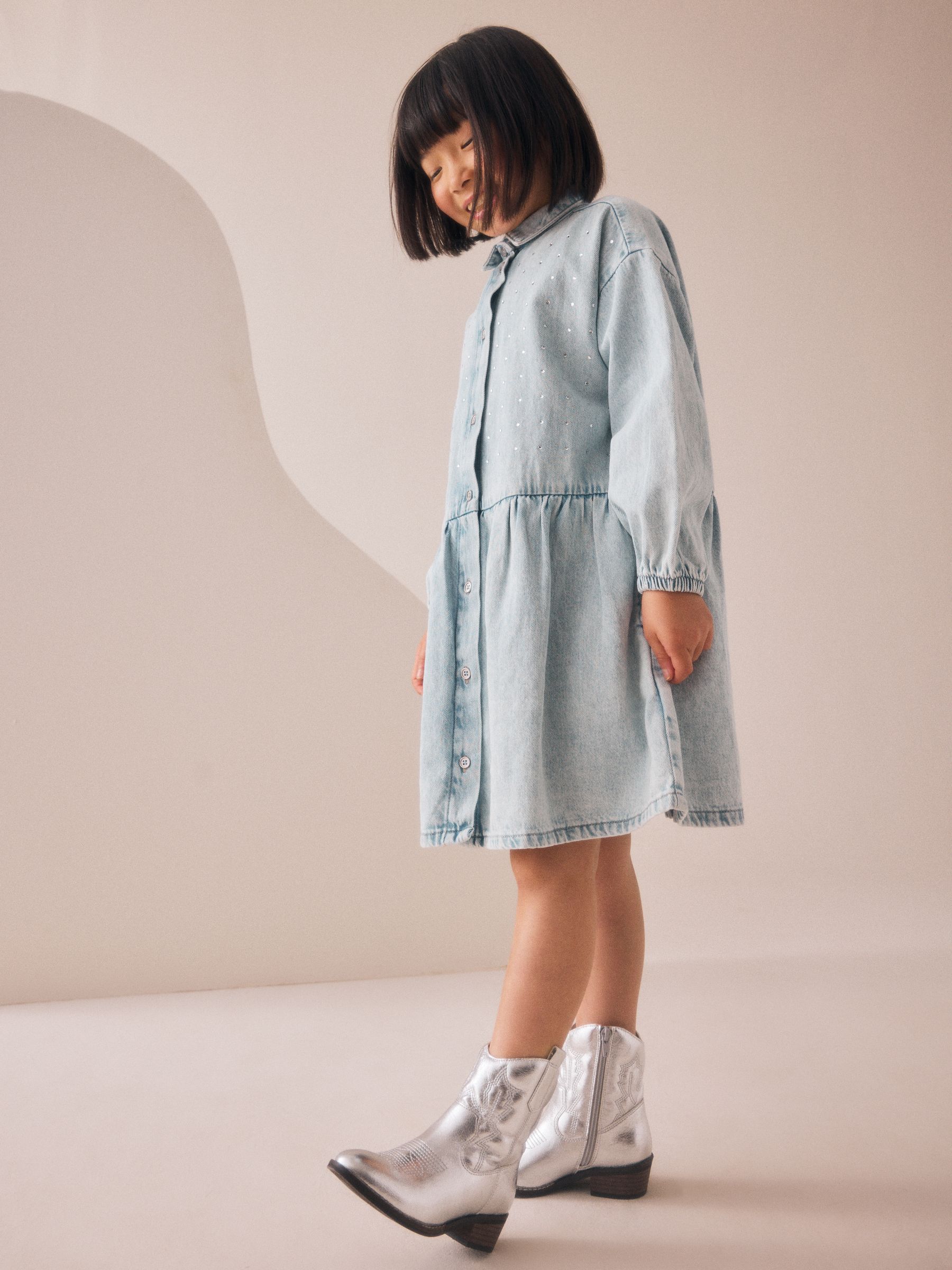 Pale wash - Denim overhemdjurk met strass (3-16jr)